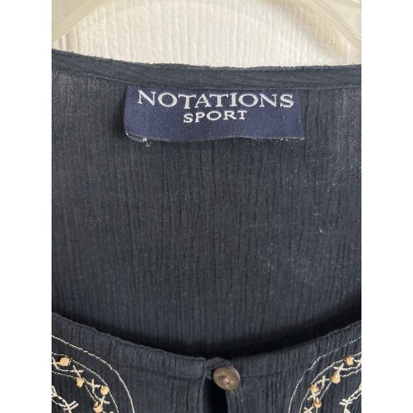 Vtg Black Gauzy Embroidered Beaded 3/4 Sleeve Top Size Medium Boho Indie Peasant - Picture 4 of 10